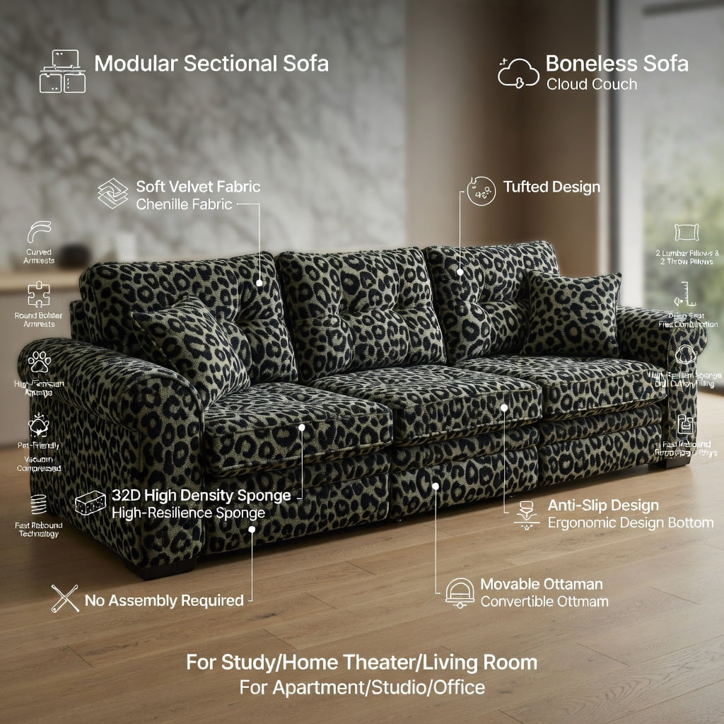 Hommoo 131" Modern Modular Leopard Print Chenille 4-Seat Sectional Sofa with Tassel Trim, Deep Ergonomic Seating & Easy Snap-Together Assembly, Green Black