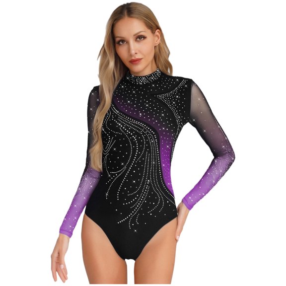 TiaoBug Gymnastic Leotard for Women Shiny Rhinestone Mesh Long Sleeve Ballet Dance Bodysuit Skating Outfits Purple L