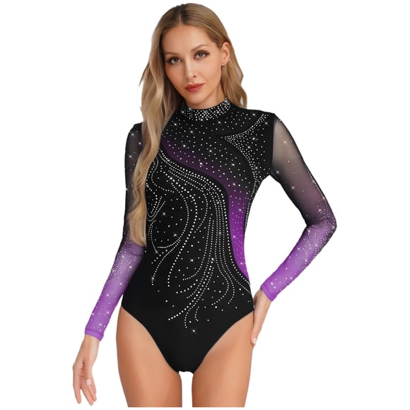 YUUMIN Justaucorps de Patinage Artistique pour Femme, Strass, Manches Longues, Coupe Profilée, Empiècement Ajouré, Justaucorps Violet TG