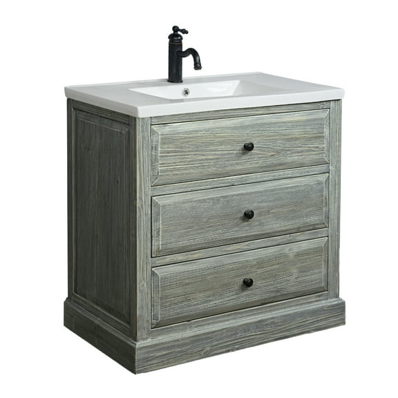 30" SOLID FIR SINGLE CERAMIC SINK VANITY IN GREY DRIFTWOOD WITH METAL GLIDE-NO FAUCET