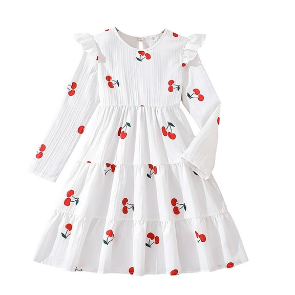 Afdoent Girls Fashion Dresses Autumn Girls Dress Long Sleeve Round Neck Floral Print Party Gown For Big Kids Toddler Youth Fashion Outfit 7-8 Years