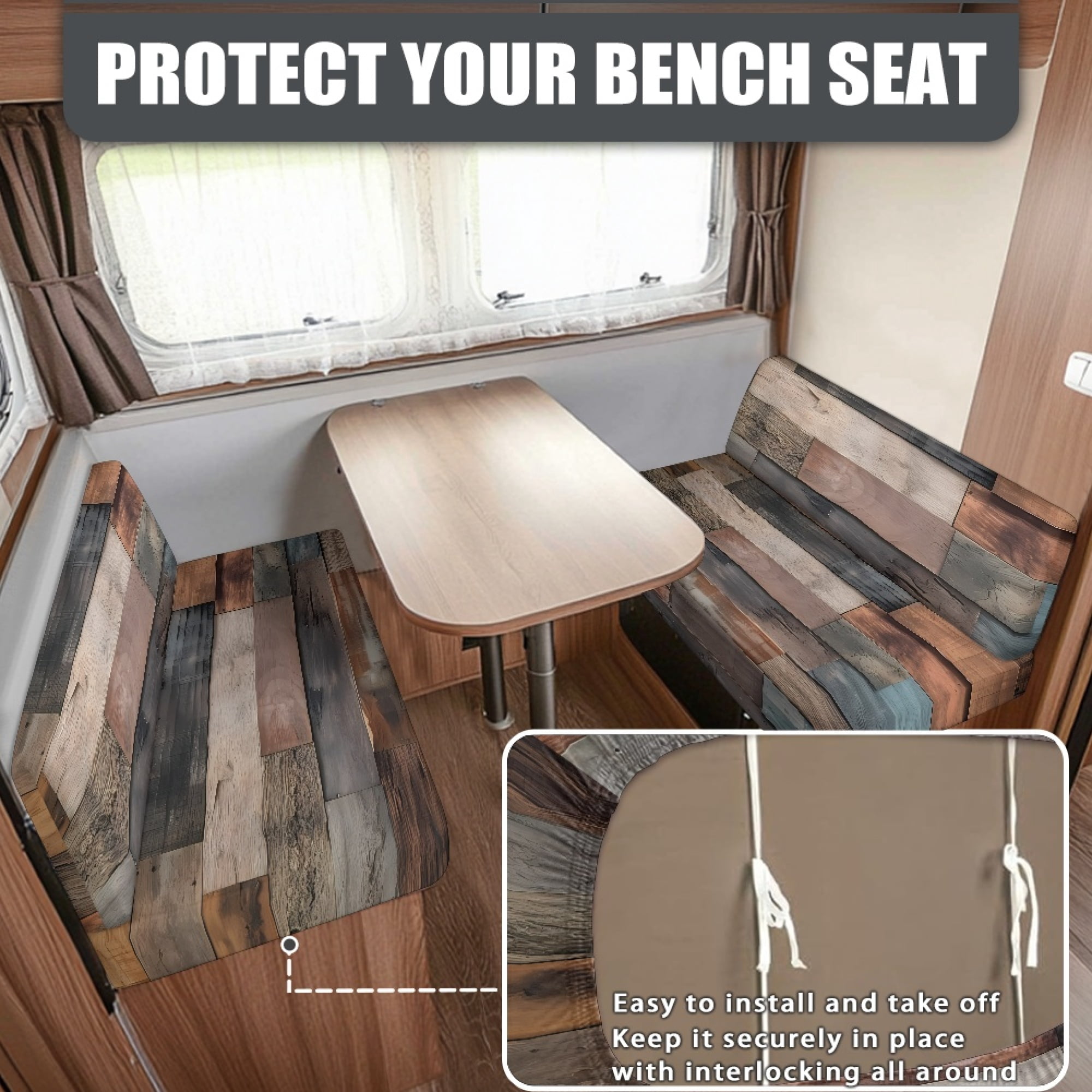 FOR U DESIGNS Wood Pattern 2 Pcs RV Dinette Cushion Covers Anti-Slip Camper Cushion Slipcover Stretch 2 Seat Sofa Chair Cover 1 Backrest Covers and 1 Bench Covers