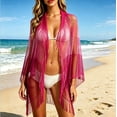 thumbnail image 2 of Hesxuno Mesh Summer Cardigans for Women Longline Beach Open Front Cover Up Fringe Boho Casual Kimono Cardigan Swimwear Bikini Coverup Red Free Size, 2 of 7