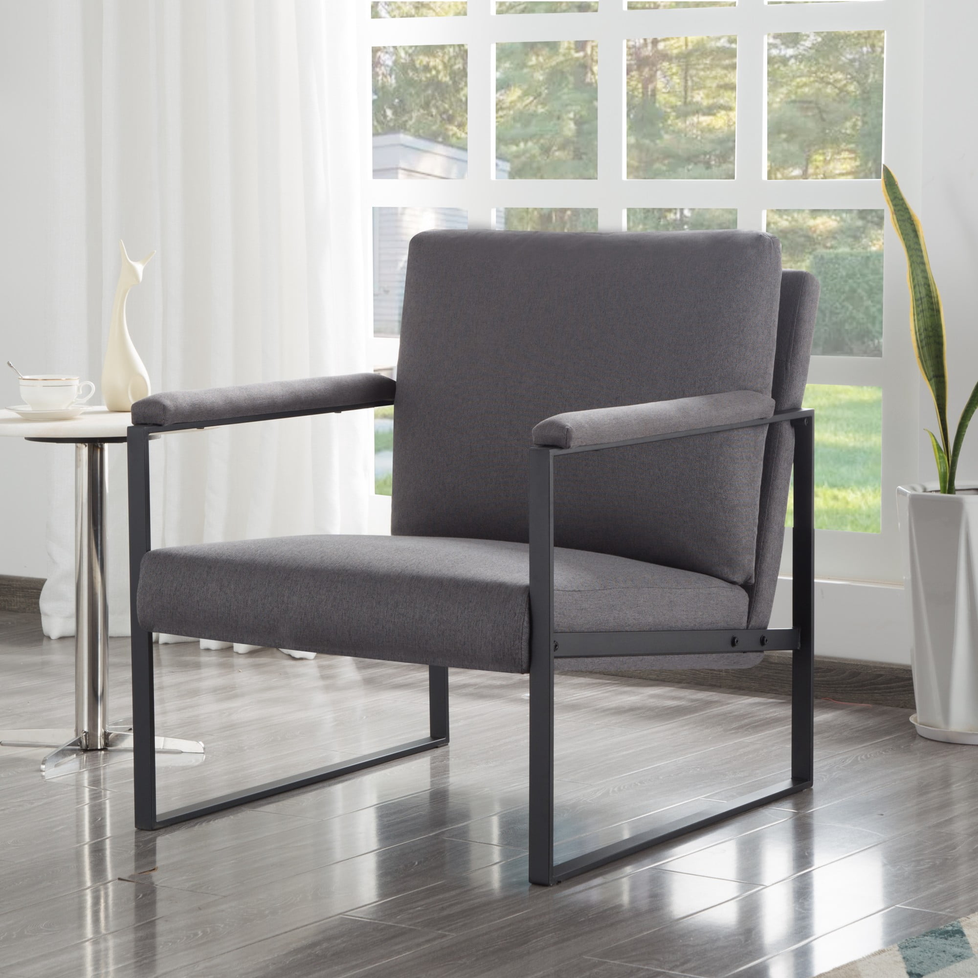 Gewnee Dark Gray 26.8” Metal Frame Accent Armchair, Linen Blend Soft Cushion Chair for Residential Living Space