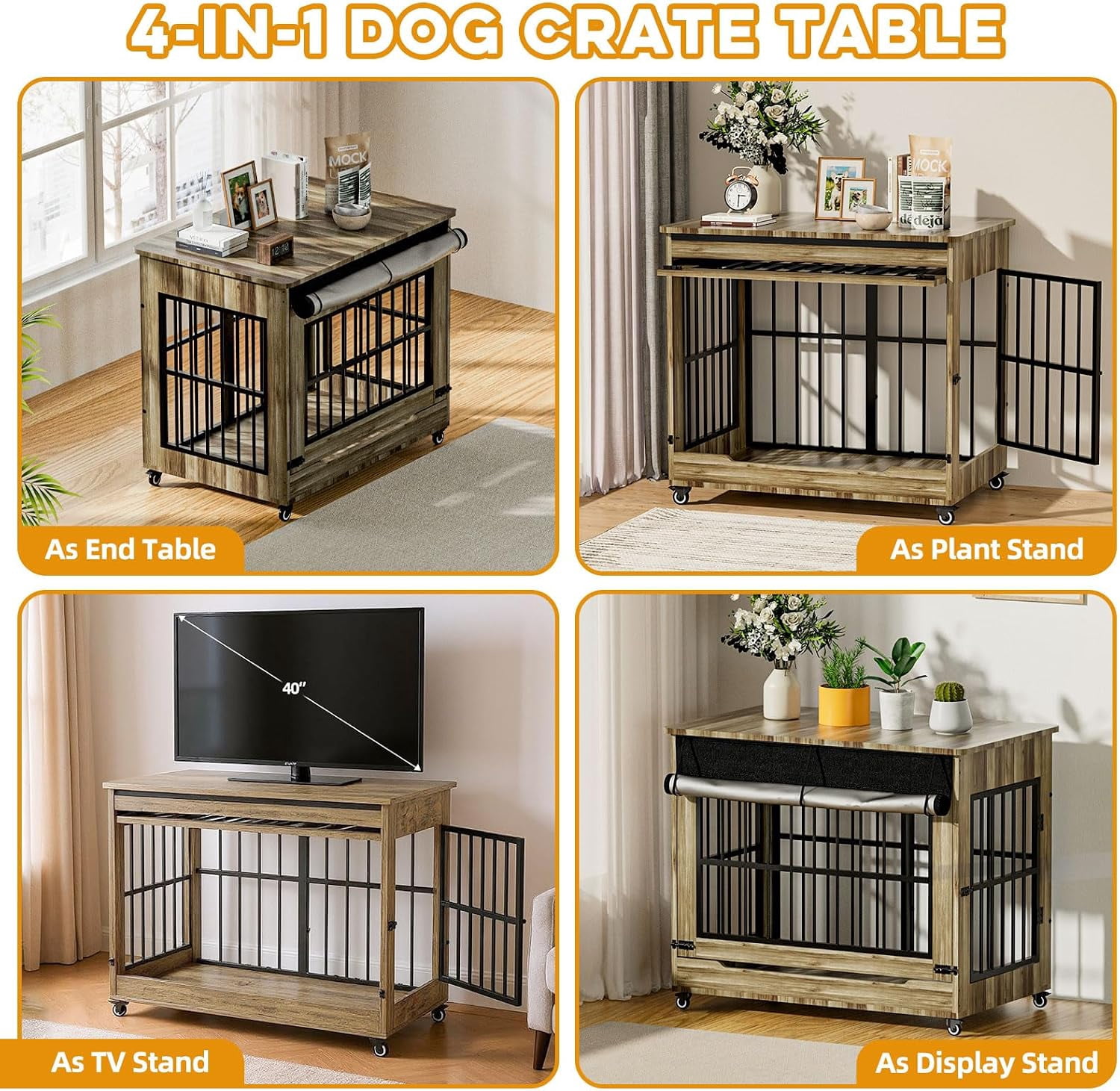 38" Wooden Dog Crate Furniture with Double Door, Lockable Wheels & Blackout Curtain – Decorative End Table Kennel for Large & Medium Breed Dogs, Greige