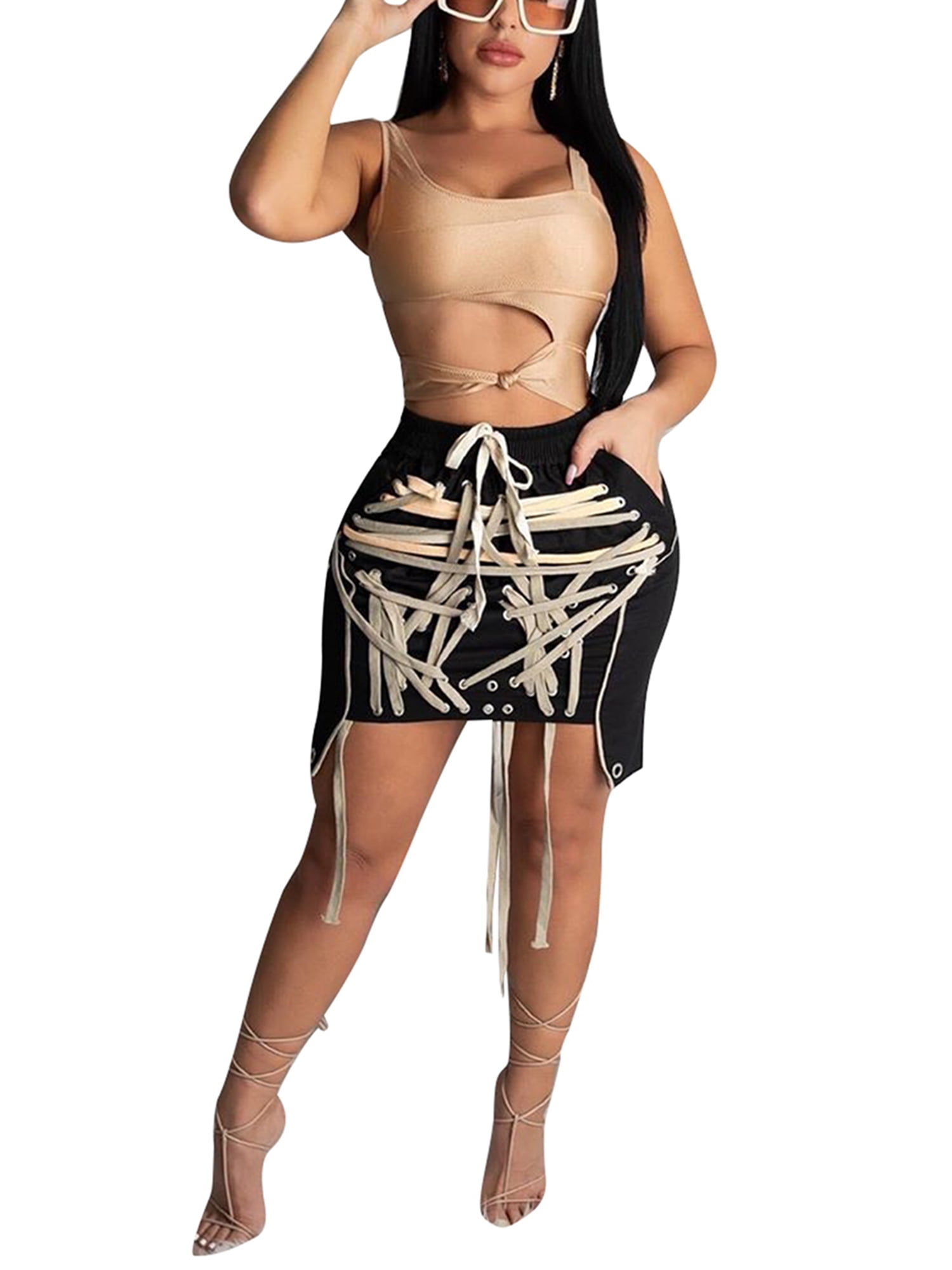 Yejaeka Womens High Waist Lace Up Straps Drawstring Short Skirt Strings  Bandage Slim Party Mini Skirt - Walmart.com