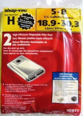 SHOP VAC TYPE H 5-8 GALLON 18.9-30.3 LITERS 2 PACK FILTER 90671 #105 