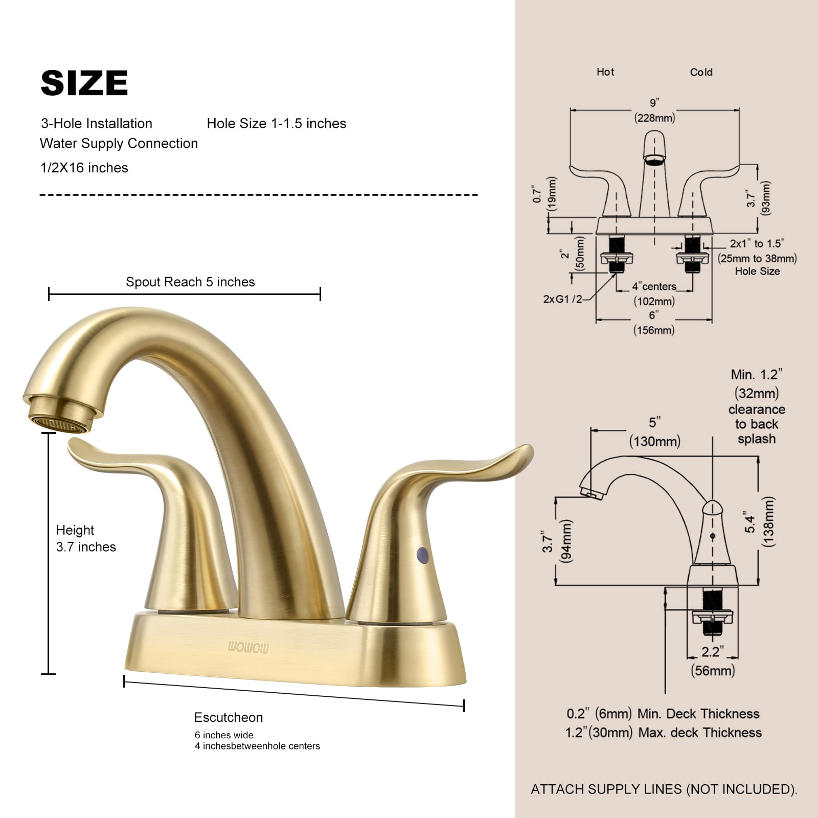 WOWOW Bathroom Faucet Brushed Gold 4 Inch Basin Faucet Centerset Vanity Faucet