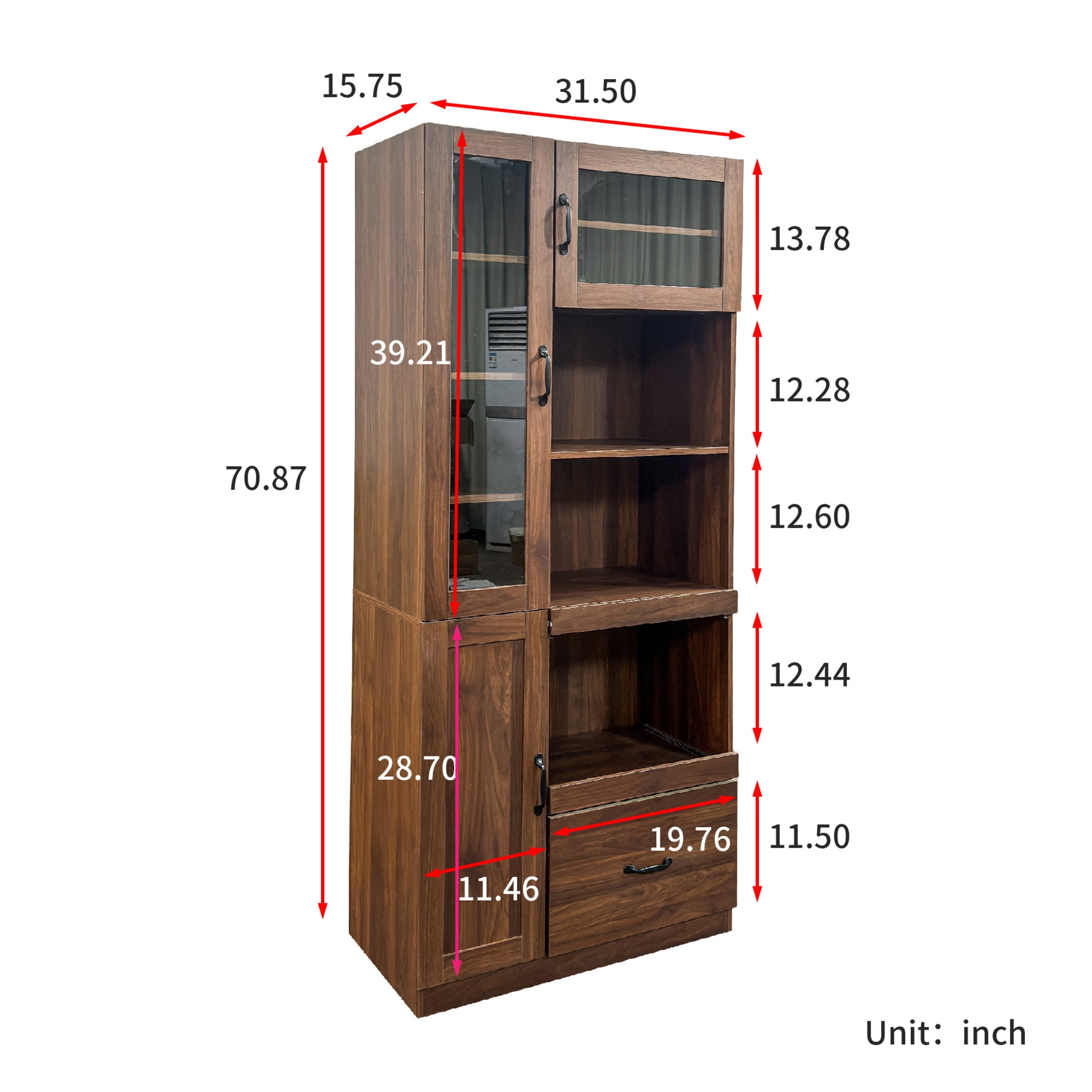 Noble House Oprah Farmhouse Kitchen Hutch Cabinet with Microwave Stand, Coffee Bar Buffet Sideboard with Hooks, Walnut