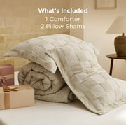 Queen Size Comforter Set Beige, Boho Tufted Bed Set, Checkered Farmhouse Shabby Chic Bedding, 3 Pieces, 1 Plaid Geometric Comforter and 2 Pillow Shams