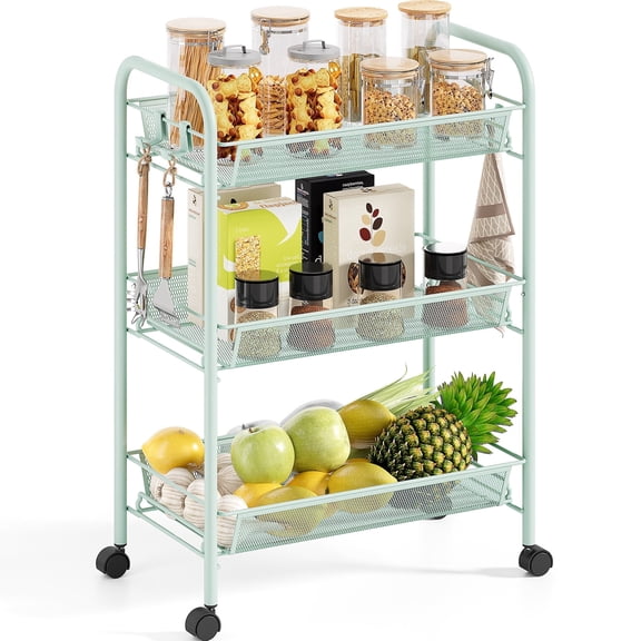 KK KINGRACK 3 Tier Rolling Cart Organizer, Metal Cart with Wheels, Utility Cart for Office Home School Storage, Green