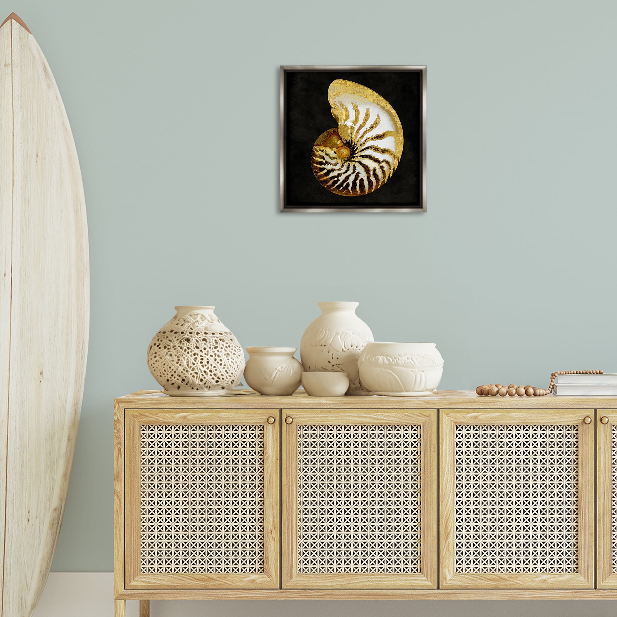 Stupell Industries Spiral Patterned Shell Nautical & Beach Painting Gray Floater Framed Canvas Art Print Wall Art, 18 x 18