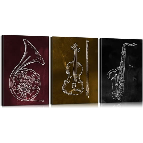 3 Pieces Retro Music Decor Musical Instrument Posters Guitar Decor Saxophone Art Music Room Decor Music Posters for Room Aesthetic Music Painting for Classroom Ready to Hang 12x16x3