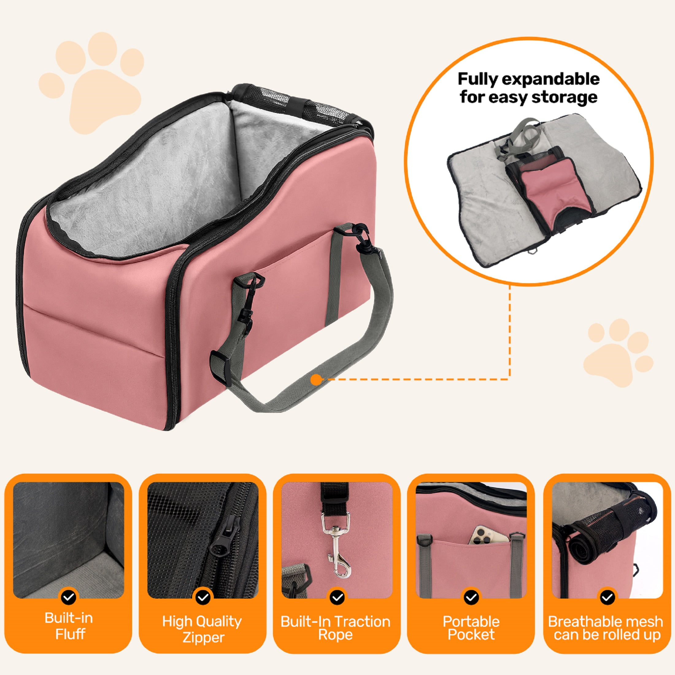 Pet Booster Seat For Cars, Dog Car Carrier With Safety Harness, Portable Travel Vehicle Pet Bed for Small Dogs, Cats Easy-Clean & Sturdy Construction, Pink