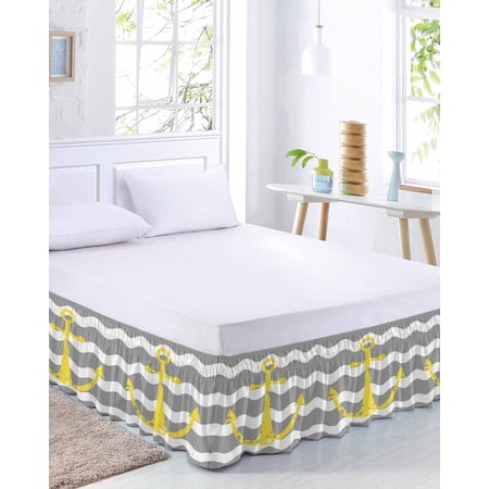 Yellow Nautical Bed Skirt King Size 18 Inch Drop, Anchor Grey Wavy Stripes Adjustable Elastic Dust Ruffles Bedskirt for King Bed Wrap Around Pleated Mattress Frame Cover