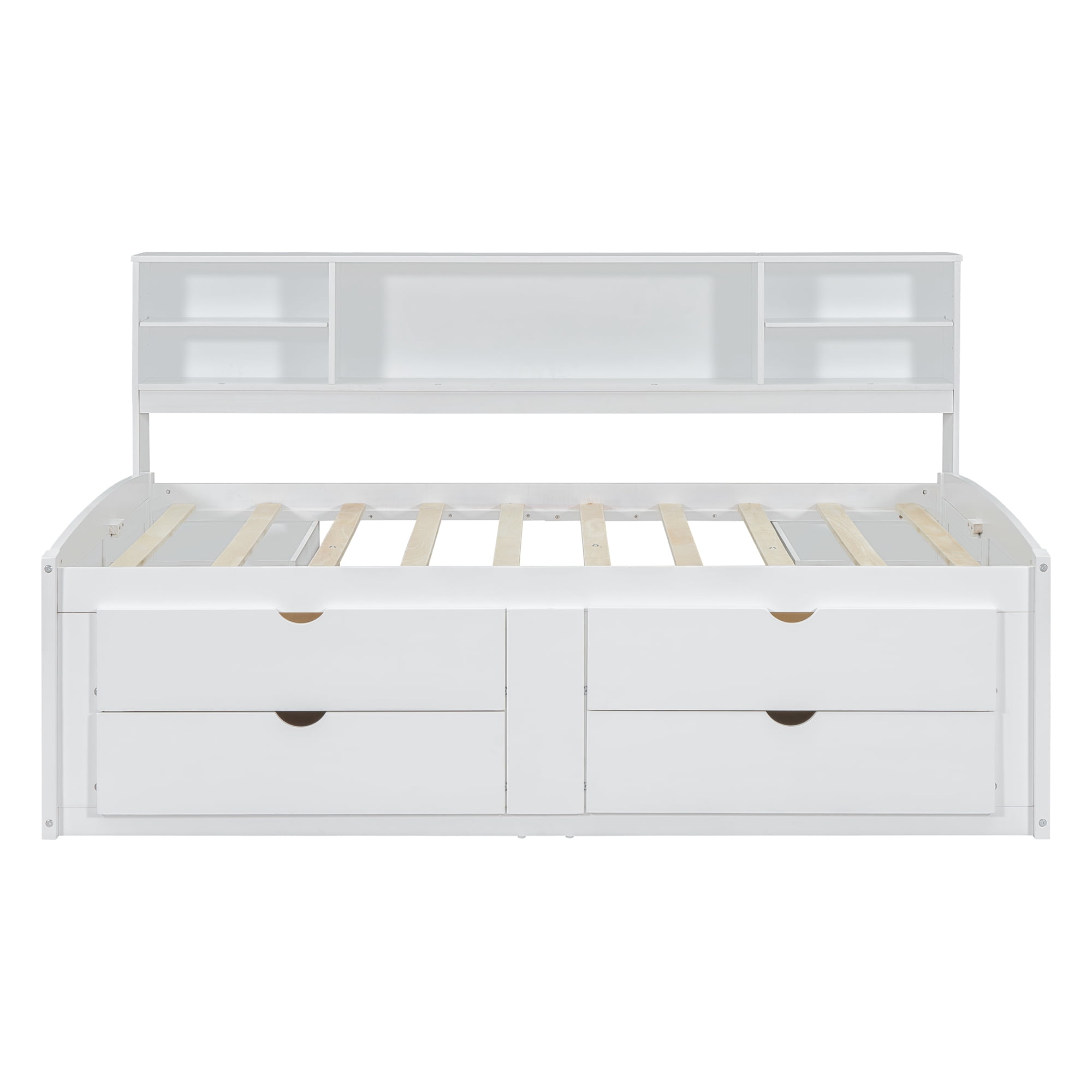 Mintazer Full Daybed Frame with Bookcase Headboard, Multifunctional Storage Bed with 4 Storage Drawers & Side Cabinet for Bedroom Guest Room, White