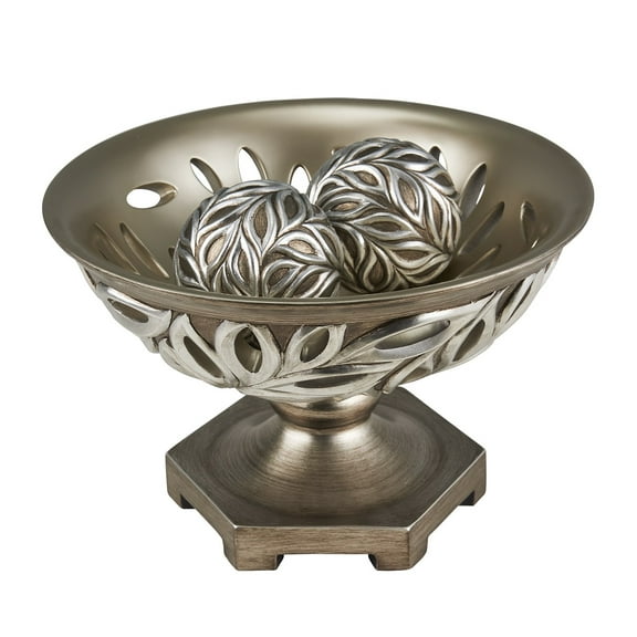 13" Brushed Silver Leaf Polyresin Decorative Pedestal Bowl with Orbs