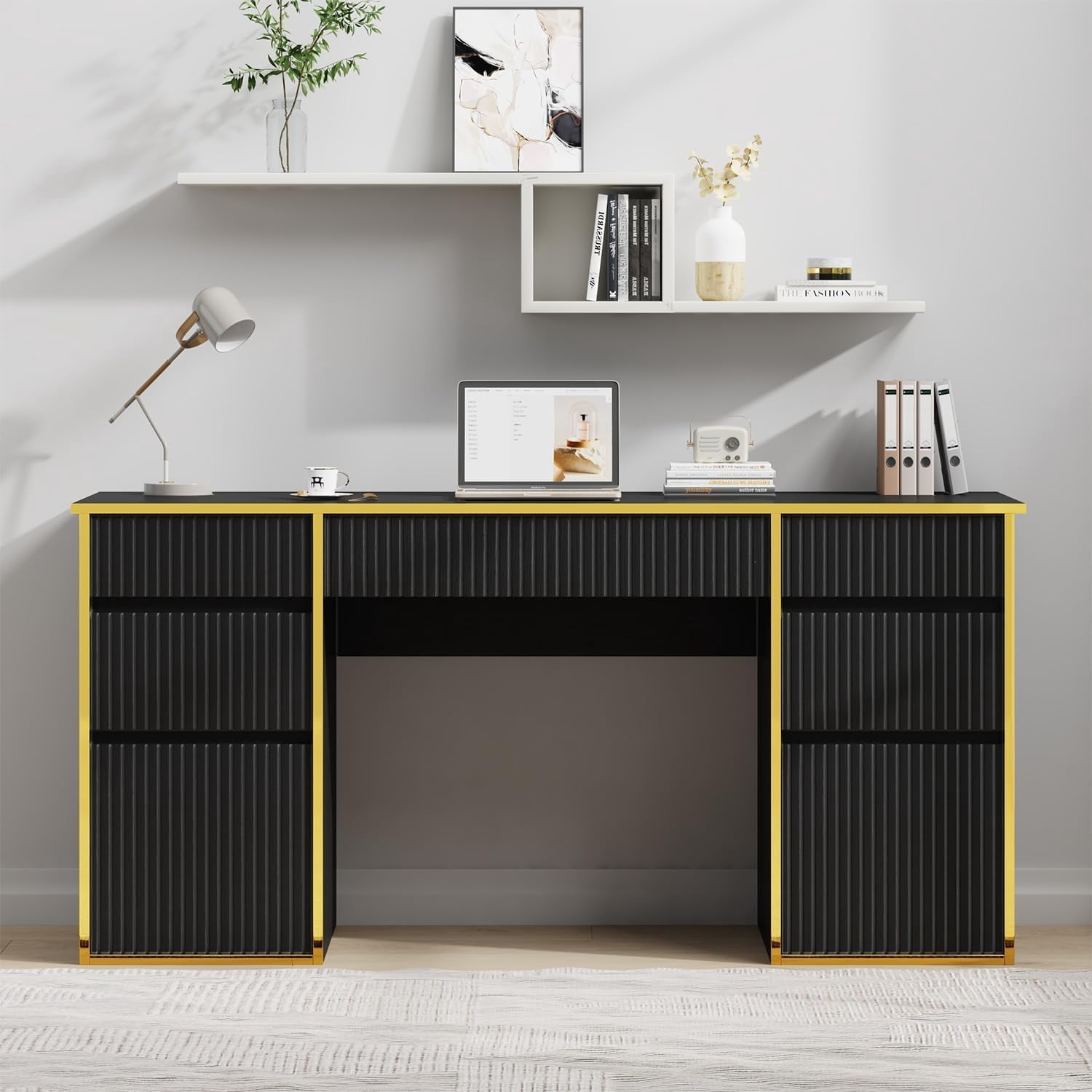 DreamCurship 58 inch Executive Desk with Drawers, Computer Desk with 7 Drawers, Home Office Desk for Work Study Writing, Black and Gold