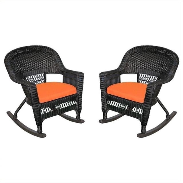 Jeco Wicker Rocker Chair in Black with Orange Cushion (Set of 2)