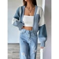 thumbnail image 2 of Women'S Color Block Open Front Long Sleeve Ribbed Knit Cropped Cardigan Sweaters  Blue XXL, 2 of 7