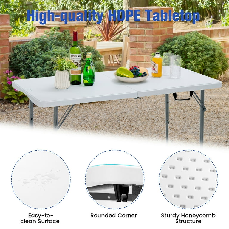 Costway Folding Table Portable Bi fold Picnic Dining Table w 3 Level Height Adjustment