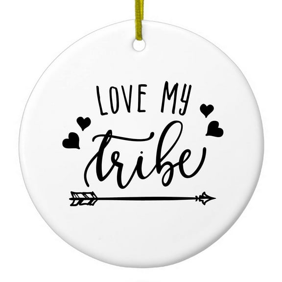 DistinctInk Hanging Ceramic Christmass Tree Ornament with Gold String - Great Gift / Present - 2 3/4 inch diameter - Love My Tribe - Black Arrow
