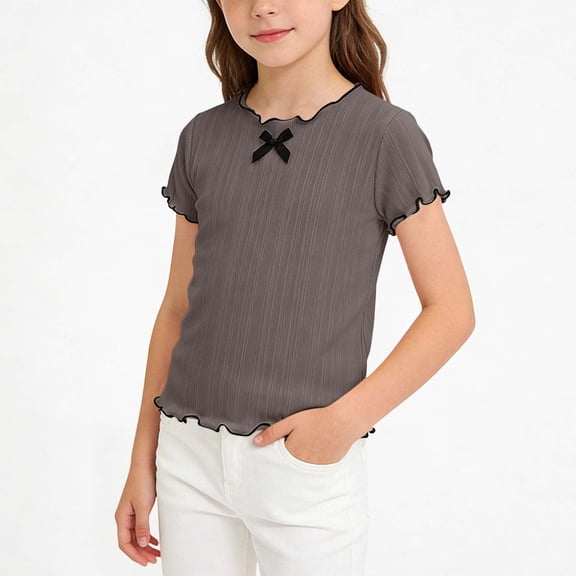 hengsof Girls Summer Bowknot Ruffled Hem Short Sleeve Crewneck Casual Top Cute Comfortable Kids Blouse Sizes 0-12Y
