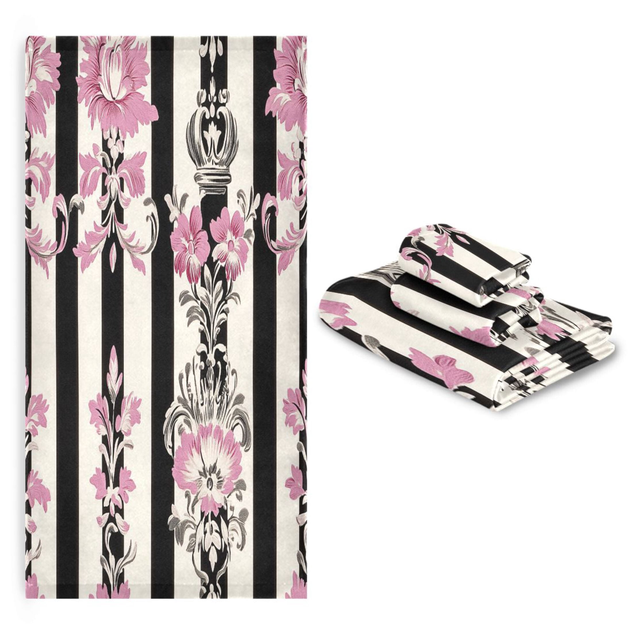 BZSMCE 3piece Bath Towel Sets Hand Bath Towels Fashion Floral Pink Black Damask Printed Towel Sets