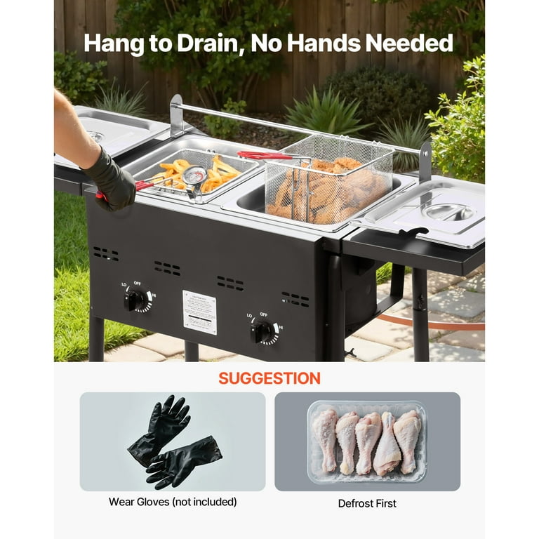 KFFKFF Outdoor Propane Deep Fryer, Dual-Tank 8QT x 2 Commercial Fryer, Stainless Steel Cooker with Foldable Platform, Dual Basket, and Adjustable Heat, Floor Standing Fryers for Restaurant