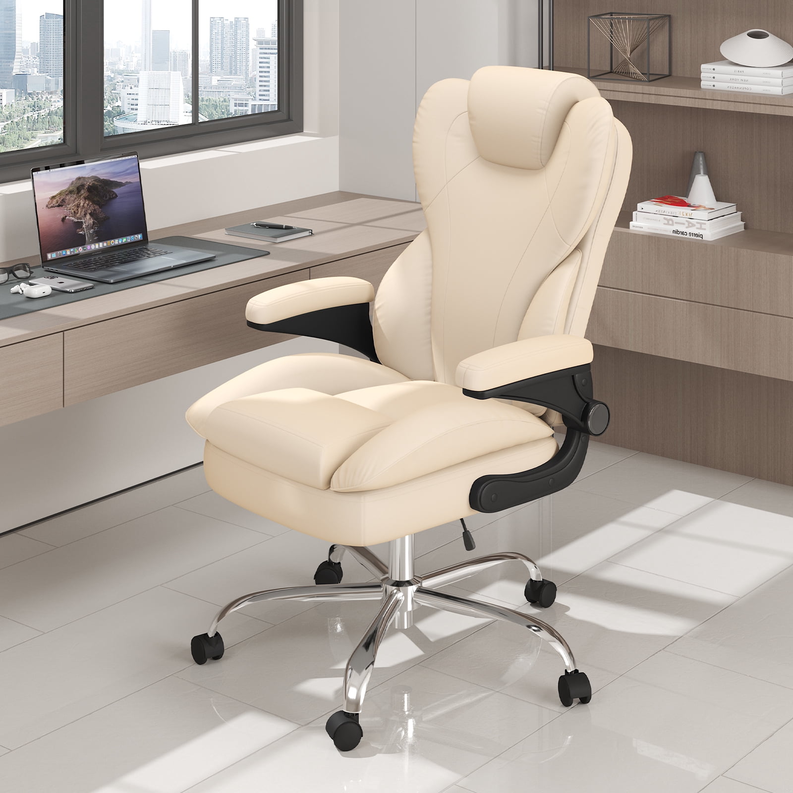 E-motie Home Office Chair with Flip-up Arms, Adjustable High Back Chair, Quiet Nylon Wheels, Beige