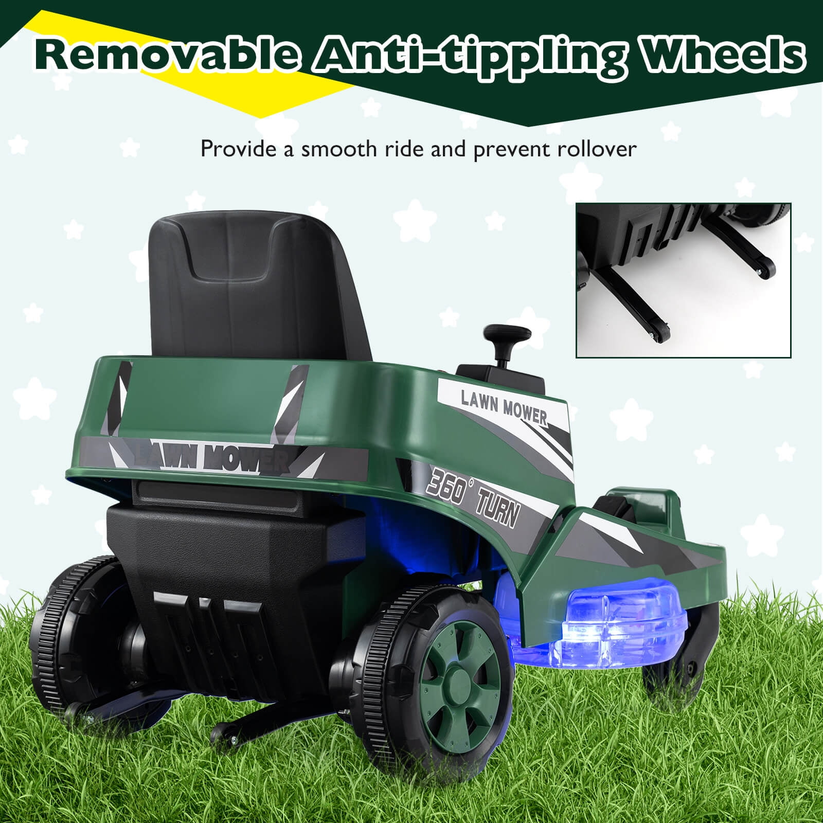 Costway 12V Ride on Lawn Mower with Dual Control Sticks LED Lights Twist Turn for Aged 3-8 Green