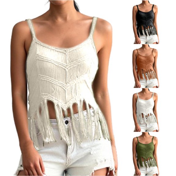 Womens Tank Tops Summer Camisole Beach Knit Tassels Loose Fit Tops Crew Neck Spaghetti Solid Color Clothes Casual Soft Holiday Everyday Wear,Beige,L
