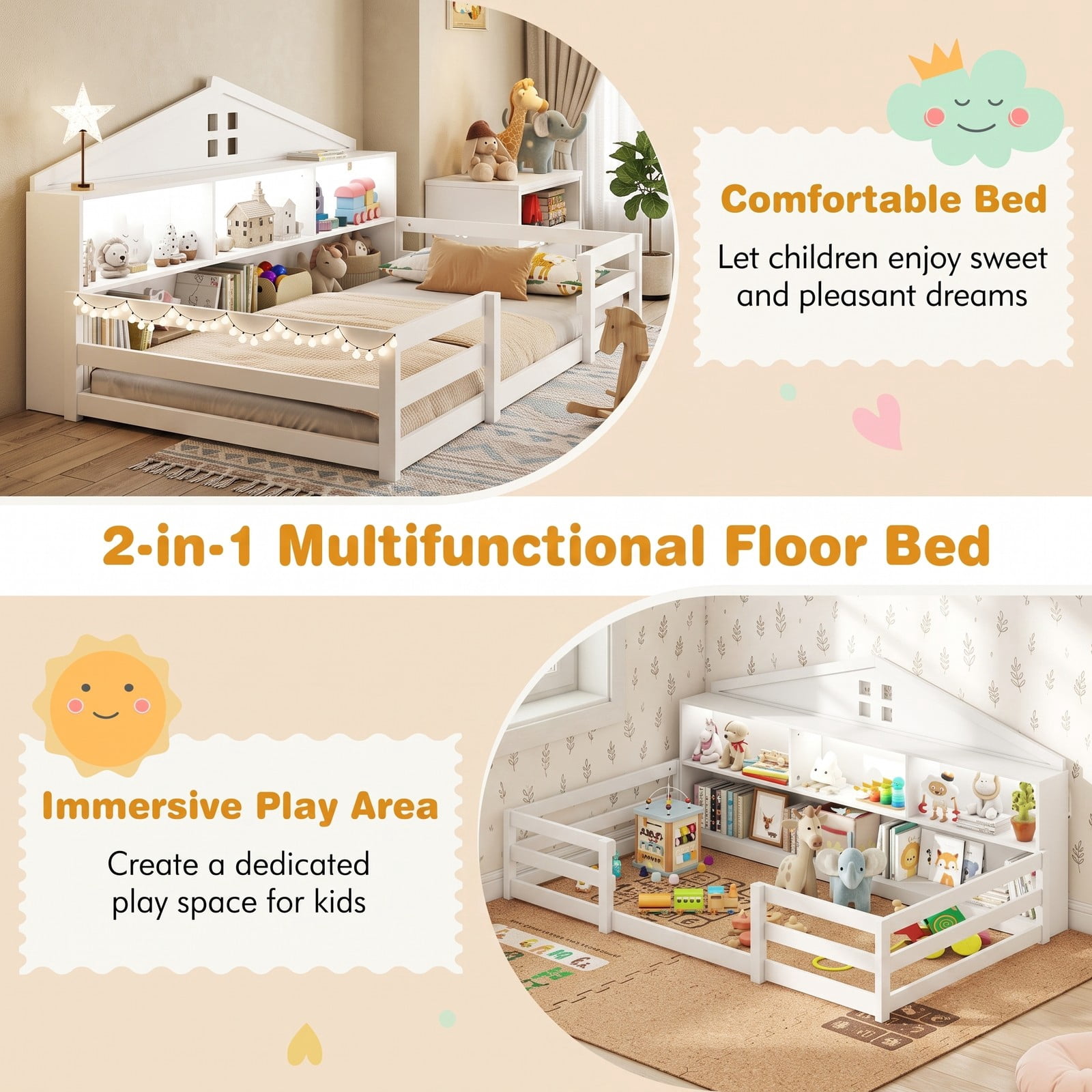 Furnibear Twin Bed Frame Montessori Floor Bed for Kids with House Headboard, Storage Compartments and Open Shelf, White