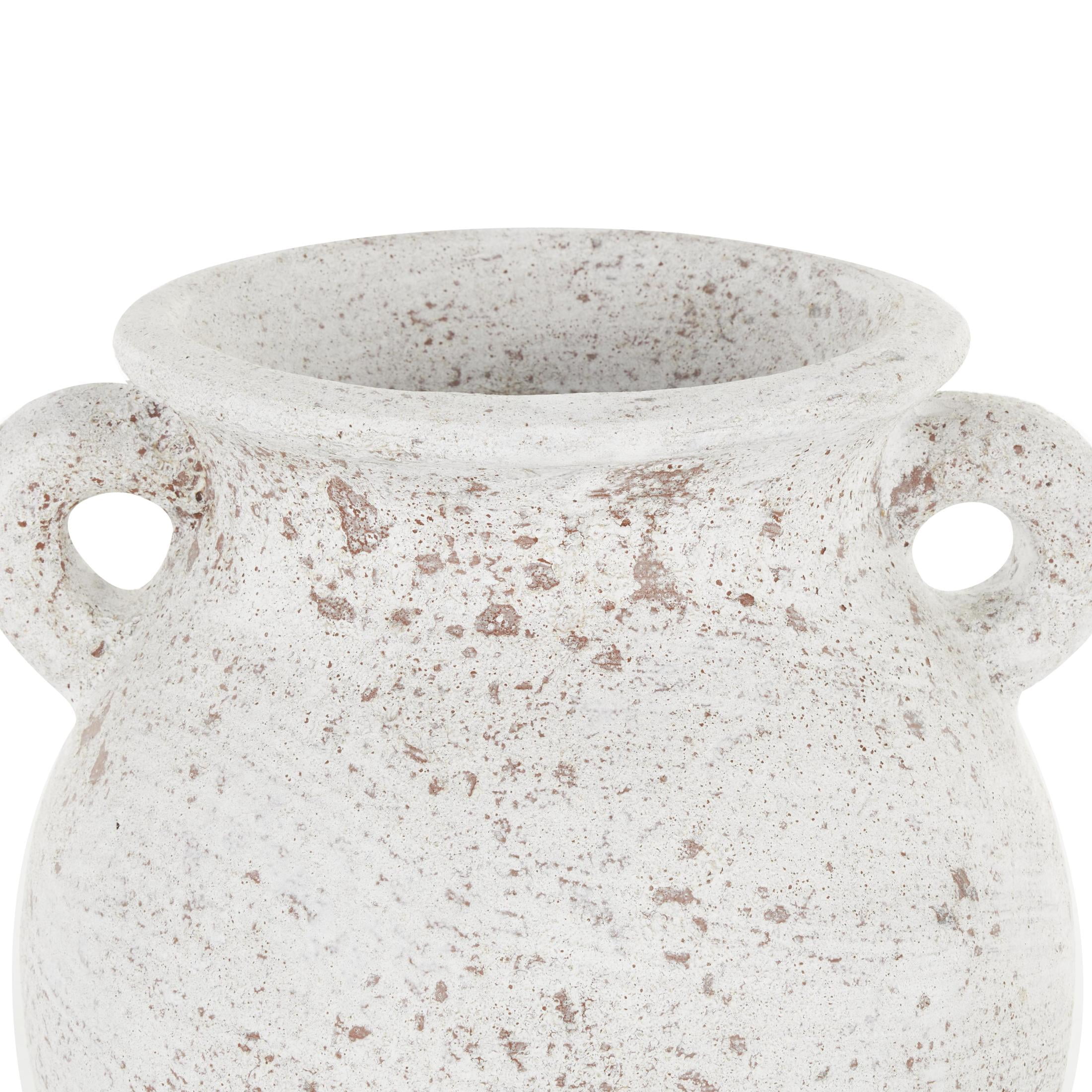 DecMode 10" Antique Style Textured Pot Cream Ceramic Vase with Handles