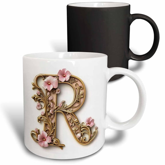 3drose, Pink and Image of Gold Floral Monogram Initial R, 11oz Magic Transforming Mug