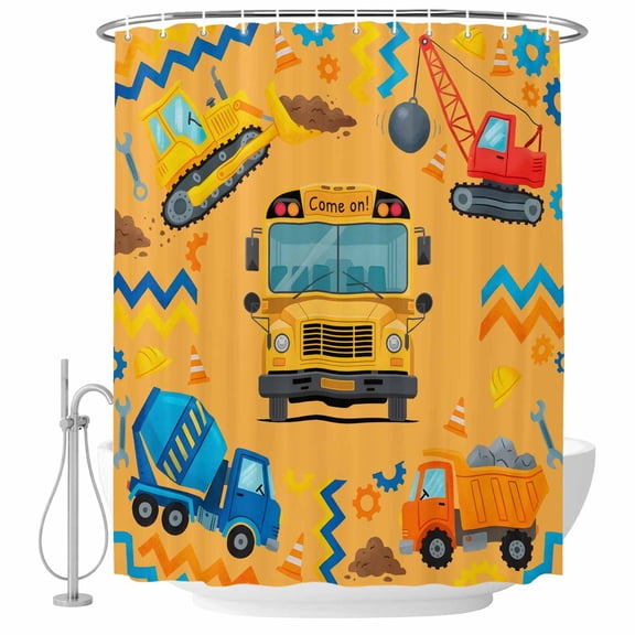 54x78 Inch Shower Curtain Decorative Orange Cartoon Truck Bathtub Bath Curtains Fabric Waterproof Bathroom Decor, Cute Engineering Vehicle Small Stall Shower Curtain Set with 12 Hooks