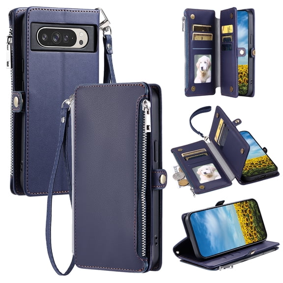 Allytechgroup Case for Google Pixel 10 /10 Pro, Crossbody Strap Cell Phone Bag PU Leather RFID Blocking Cards Slots Zipper Pocket Hand Wrist Protective Stand Lightweight for Women Girls, Darkblue