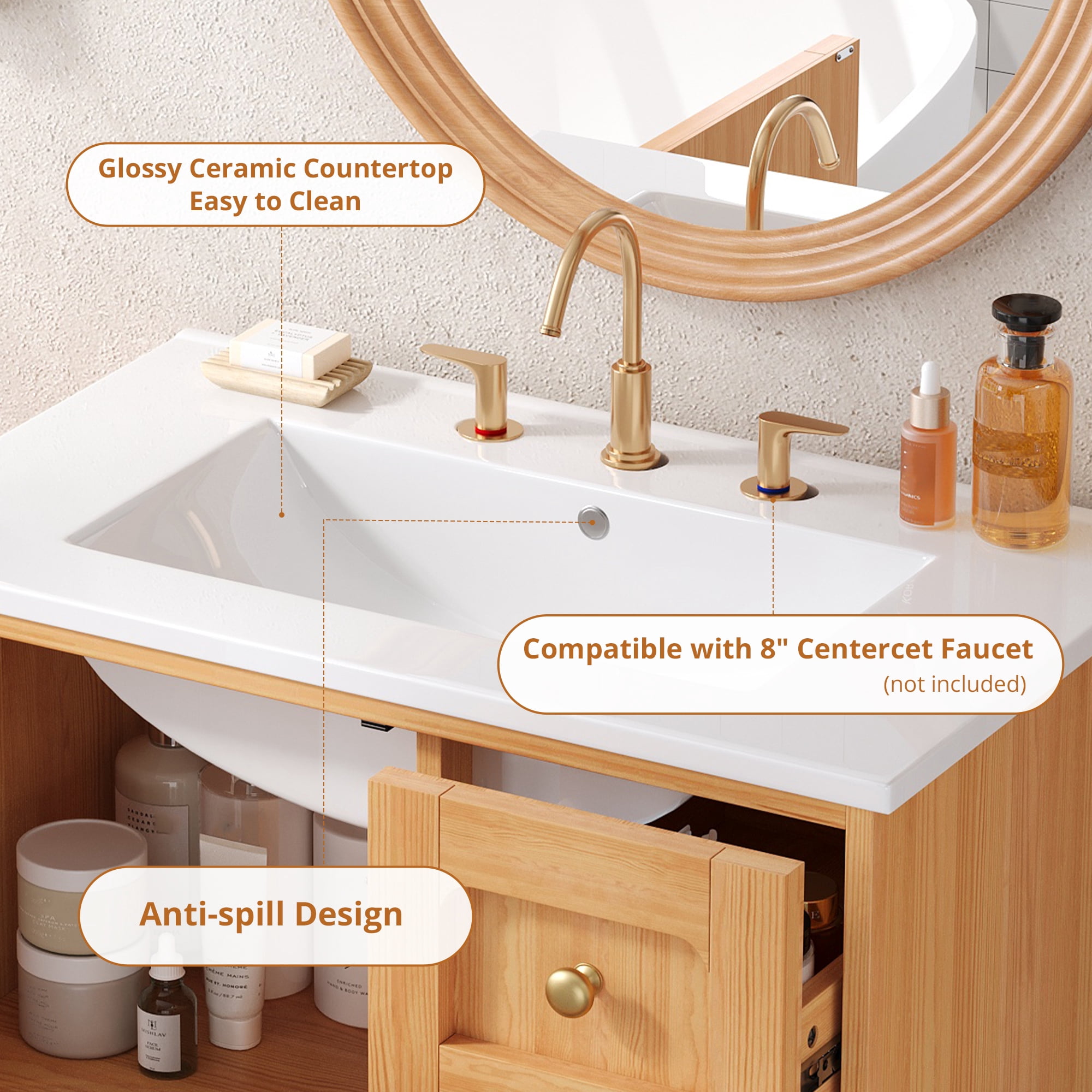 Euroco 30 Inch Bathroom Vanity with Ceramic Sink, Bathroom Vanity with 3 Drawers, 1 large Soft Closing Door, Farmhouse Bathroom Storage Cabinet , Ideal for Home
