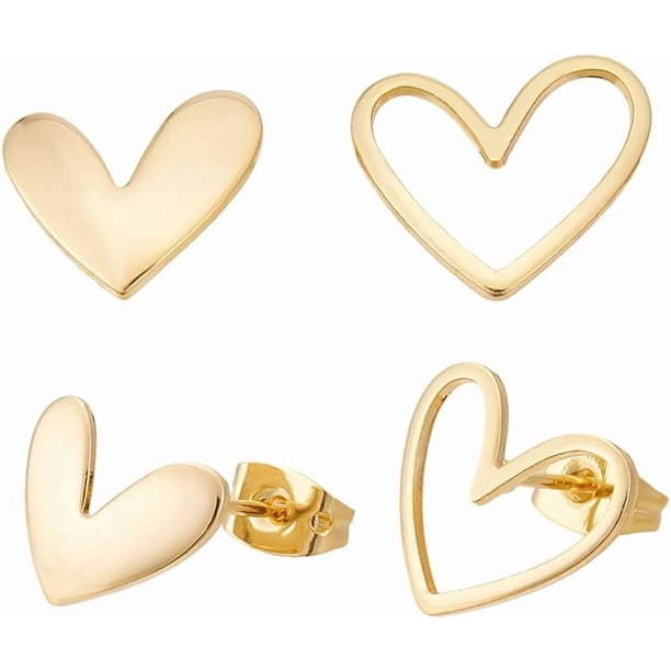 20 piezas de 2 estilos de metal con forma de corazón y 20 tuercas de fricción para pendientes, chapados en oro real de 18 quilates, ahuecados, con cierre de aro.