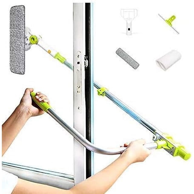 Nettoyeur de Fenêtre Télescopique en Aluminium, Outil de Nettoyage de Fenêtre à Angle Réglable Intelligent avec Raclette pour Fenêtre en Verre Double Face Externe
