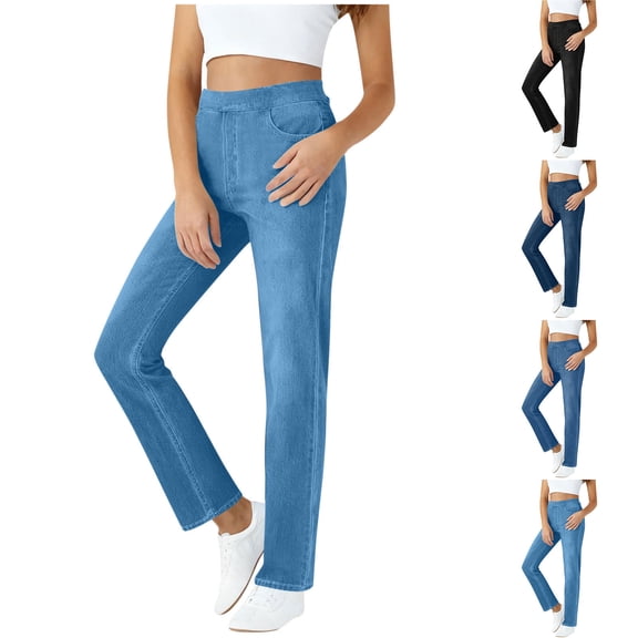 HomeDM Women's Denim Pants with Pockets Straight Legs Elastic Waist Pull On Casual Trendy Jeans Blue L