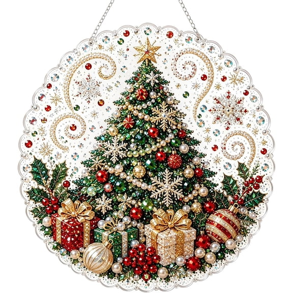 Christmas Tree Christmas Suncatcher Ornament, Round Pearl Diamond Art Window Hanging Decoration, DIY Holiday Gifts for Adults and Teens