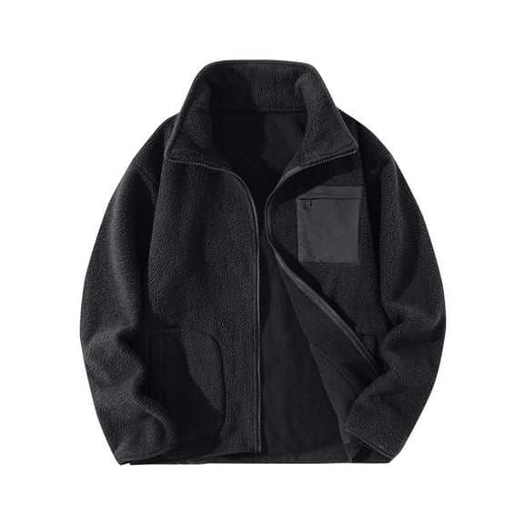 IYTR Mens Fleece Jacket Full Zip Lapel Collar Winter Warm Coats Outdoor Hiking Long Sleeve Casual Outerwear with Pockets (Black,L)