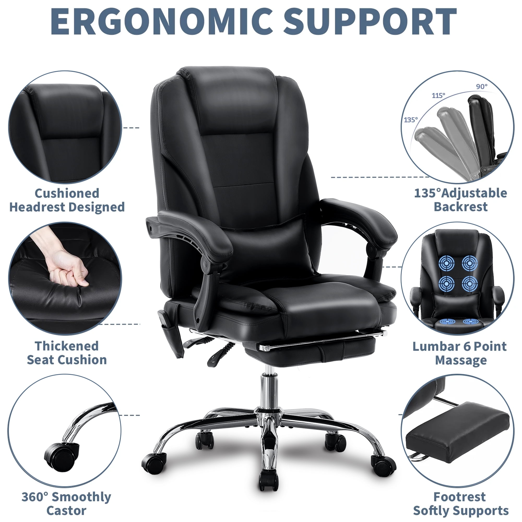 JONPONY Big and Tall Office Chair 500LBS Executive Office Chair Massage and Footrest Ergonomic Computer Desk Chair Reclining High Back Leather Office Chair Lumbar Back Support Swivel Rolling,Black