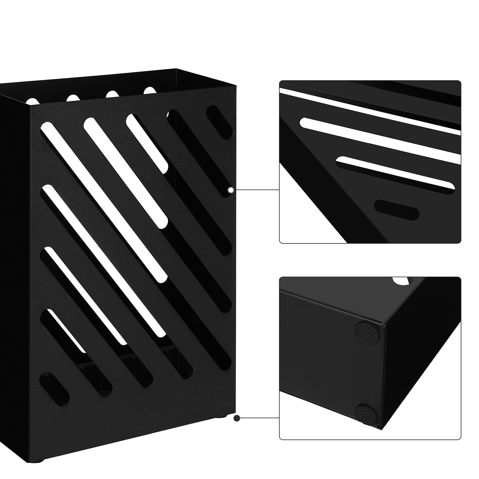 SONGMICS Metal Umbrella Stand, Rectangular Umbrella Holder Rack, with a Removable Drip Tray, 4 Hooks, Hollow-Out Design, for Entryway, Office, Black