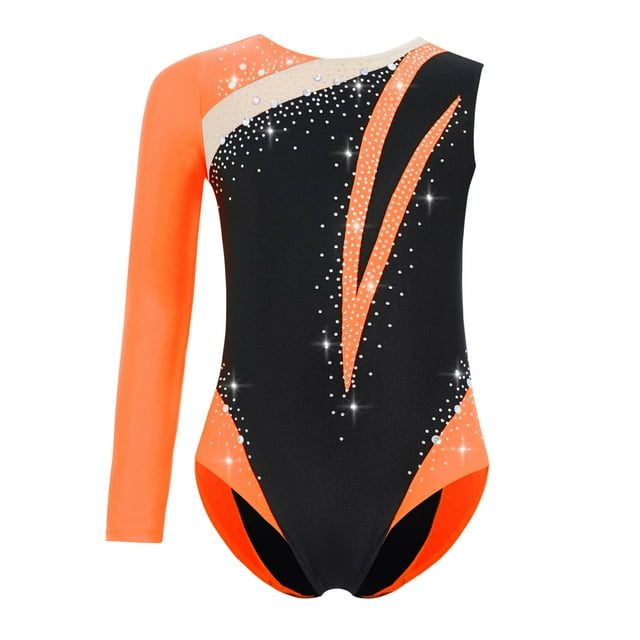 inhzoy Justaucorps de Gymnastique pour Filles Justaucorps de Danse avec Strass Bloc de Couleur Asymétrique Col Rond Design Orange 12