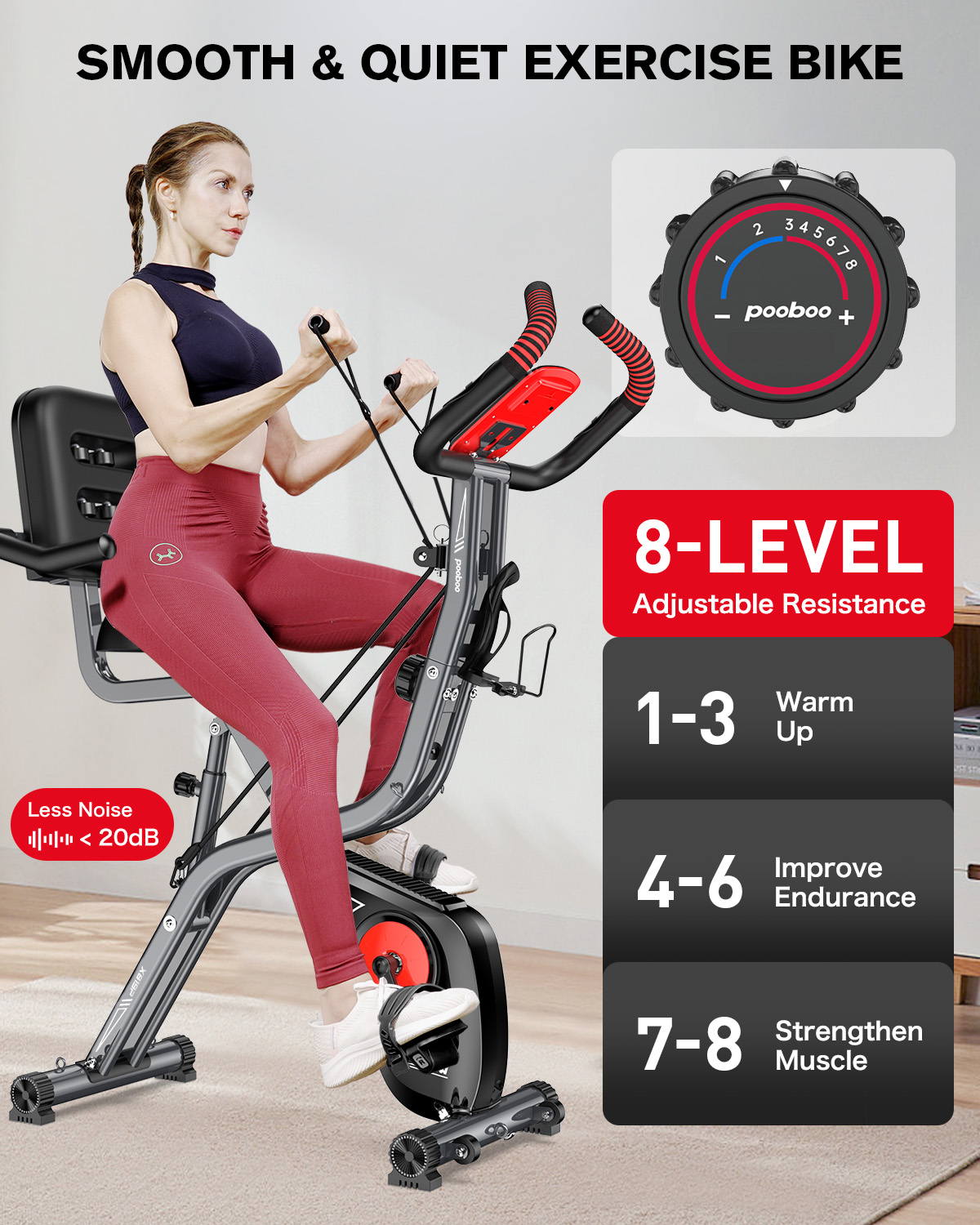 Pooboo Magnetic Exercise Bike for Seniors with Arm Exerciser, Quiet Foldable Cycle for Home