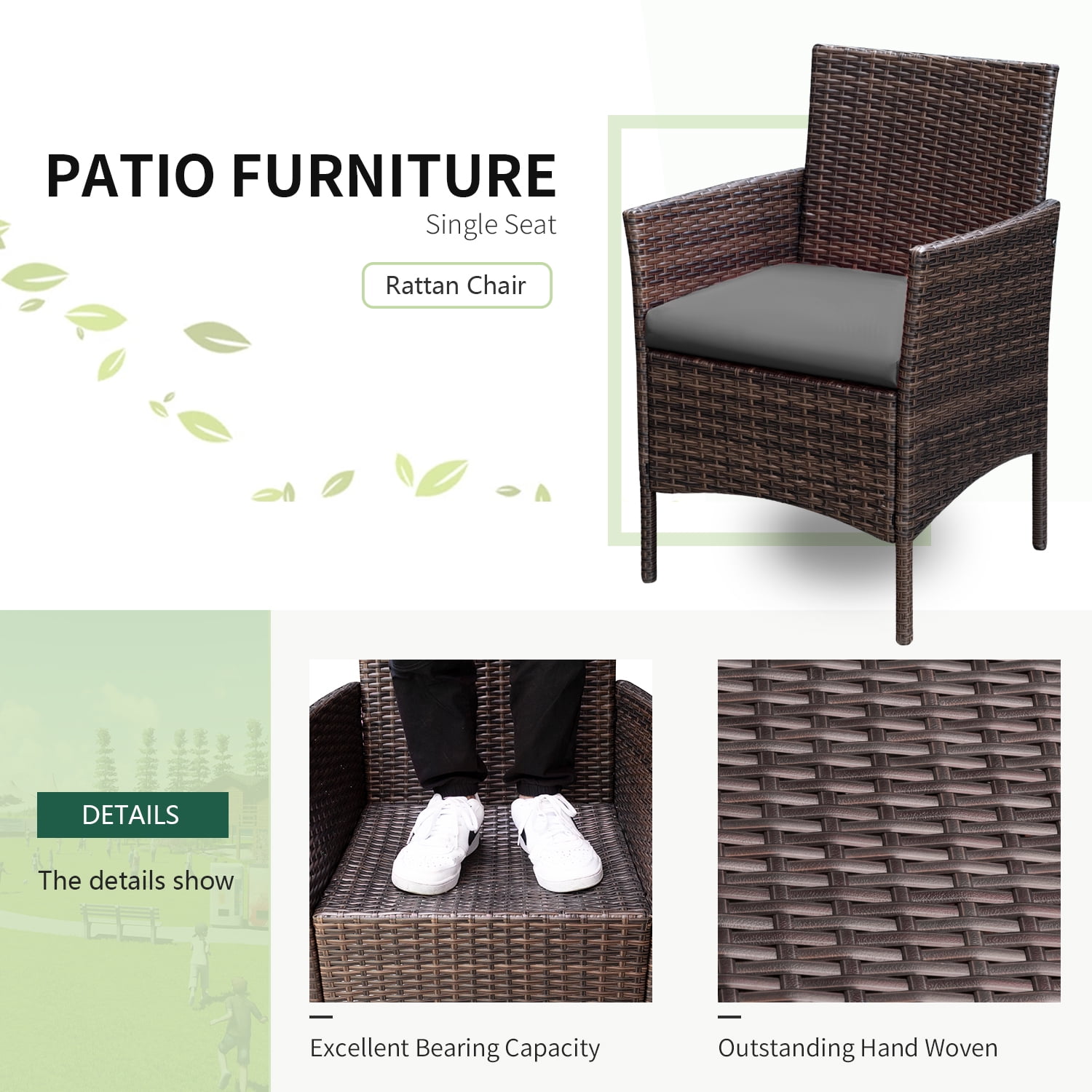 Devoko 3 Pieces Patio Furniture Set Outdoor Conversation Set Wicker Bistro Chairs Set of 2 with Coffee Table for Porch Backyard Balcony,, Brown/Gray