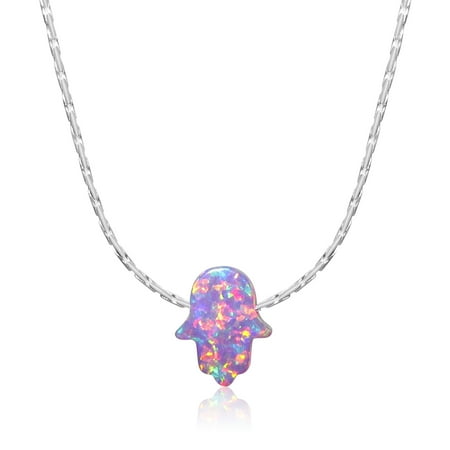 - Simulated Purple Opal Hamsa Necklace Hand of Fatima Pendant Charm 925 Sterling Silver 18