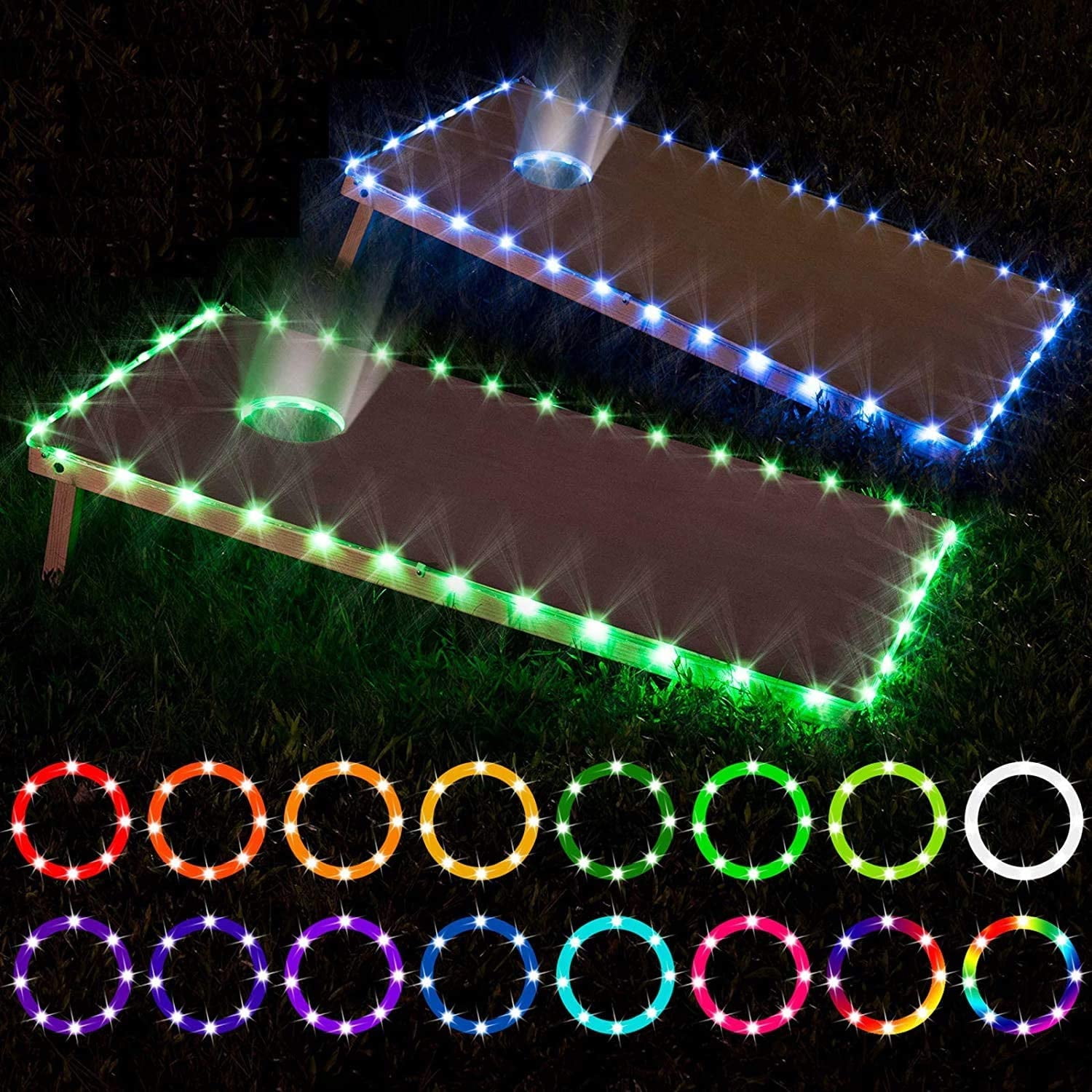 LED Lights, 2 PCS LONGRV Remote Control Cornhole Board Edge and Ring LED Lights for 3x2 and 4x2 FT Cornhole, 16 Colors Great For Playing Bean Bag Toss Game At The